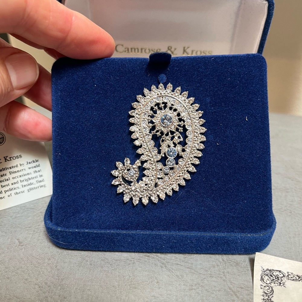 Camrose and Kross Rhinestone Diamond and Sapphire Silver Paisley Brooch